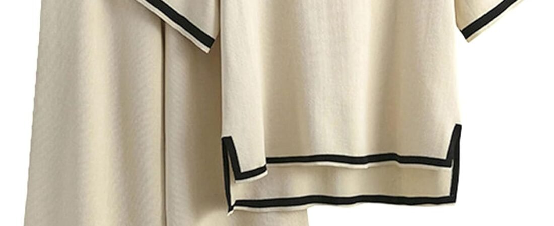 Tanming Sweater Sets Women 2 Piece Lounge Sets Short Sleeve Knit Pullover Tops Wide Leg Pants